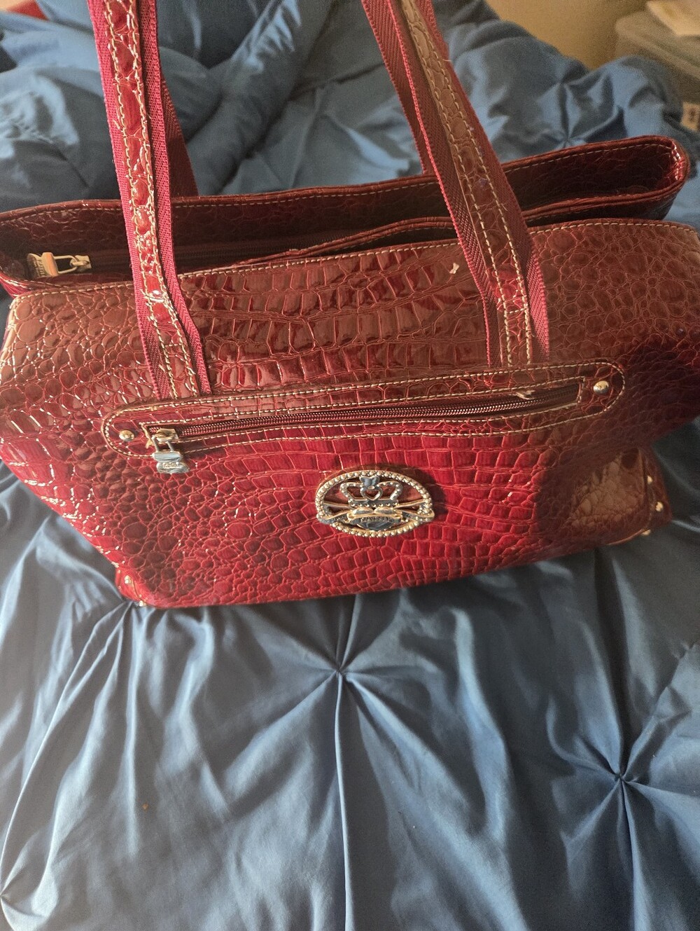 Kathy Van Zeeland Red Croc-Embossed Patent Tote Bag with Silver Accents